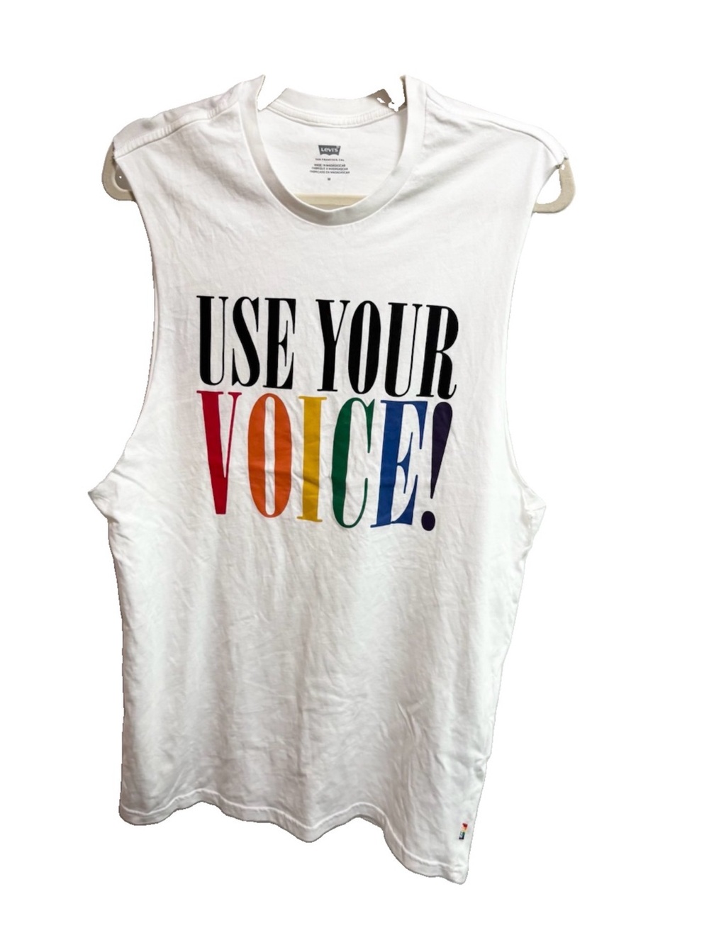 Levi's White sleeveless cotton tee with Rainbow "USE YOUR VOICE!" Graphic
